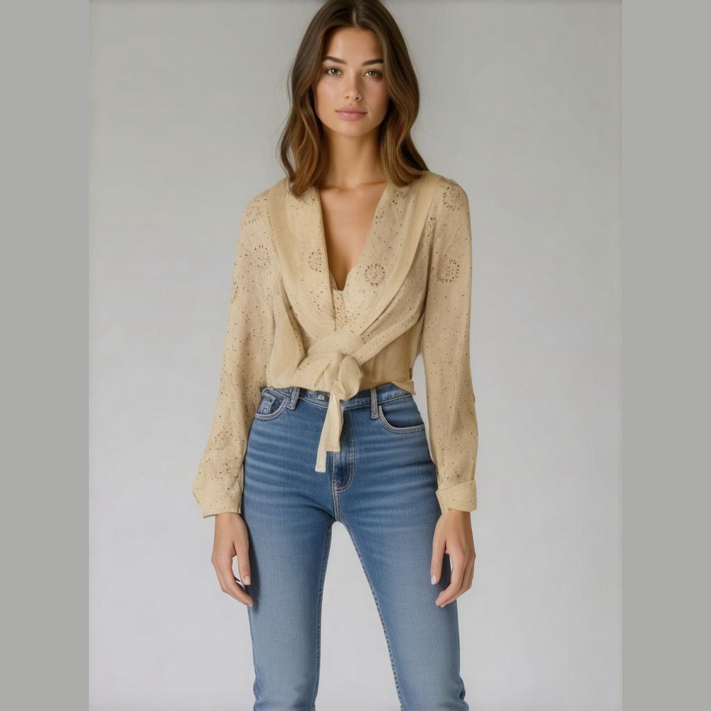 KAREN Kane Beige Eyelet Lace.Cuffed Cotton Belted Boho Blouse Vintage S